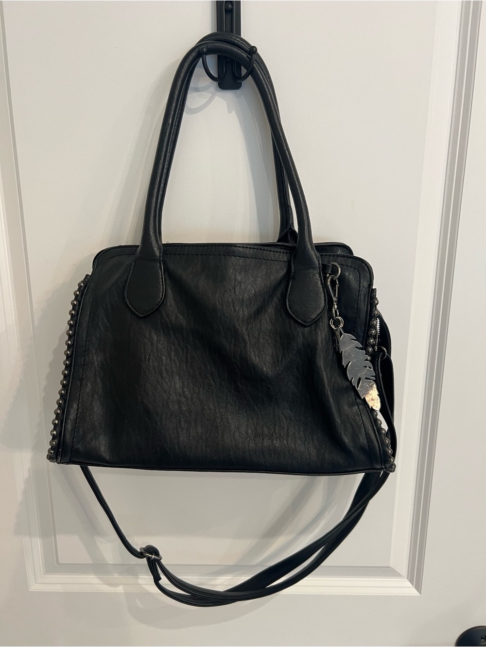 Jessica Simpson Black Leather Lime Satchel Handbag with Feather Charm